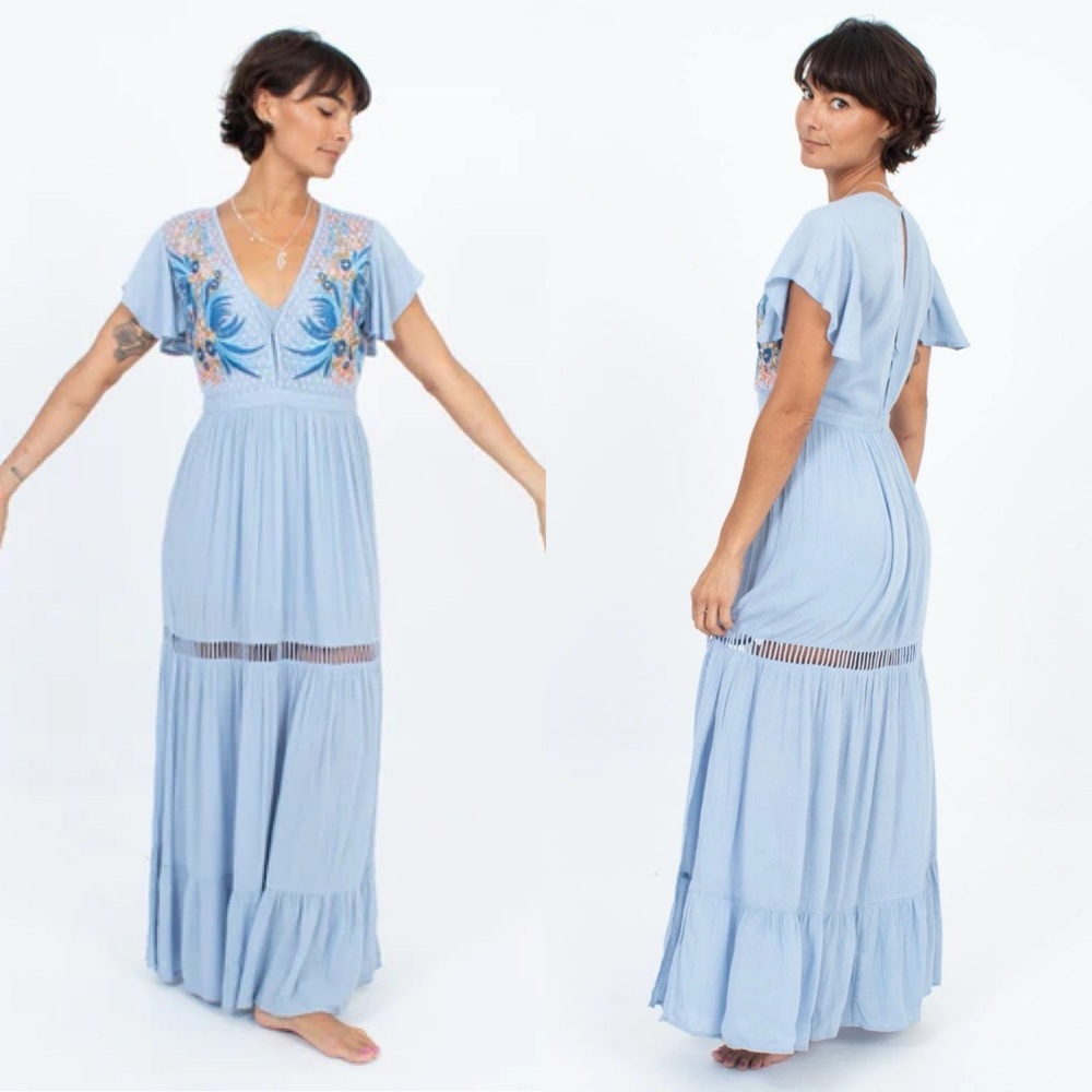 EUC Cleobella Light Blue Embroidered Maxi Dress